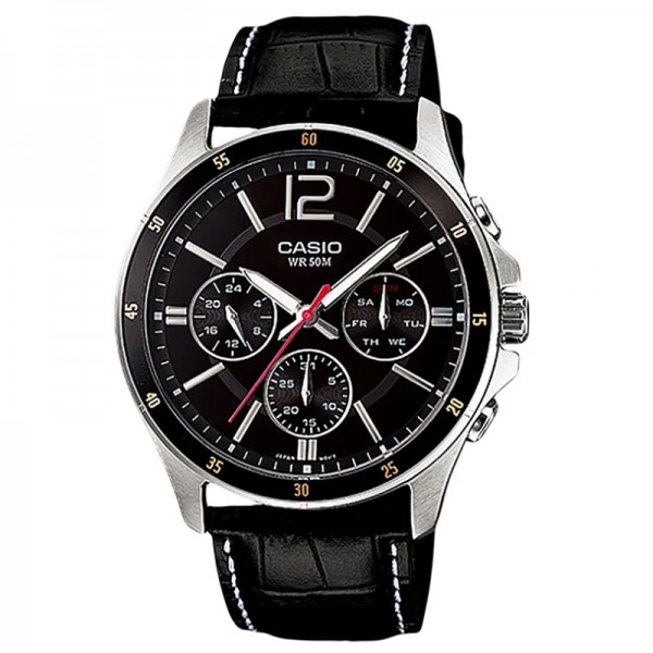 Casio MTP-1374L-1AVDF Day Date Silver Black Leather